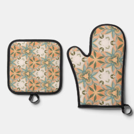 Peach Blue Botanical Seamless Pattern 鍋つかみ&鍋敷きセット