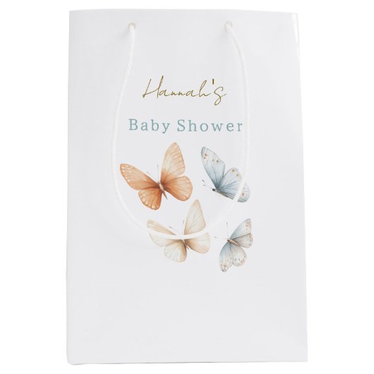 Peach Blue Butterflies Baby Shower ミディアムペーパーバッグ (正面)