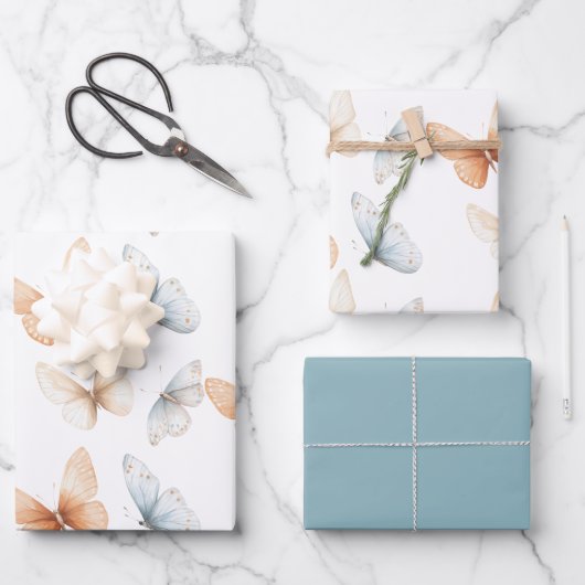 Peach Blue Butterflies Baby Shower ラッピングペーパーシート (正面)