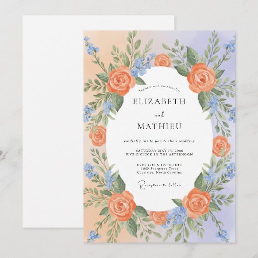 Peach Blue Exuberant Spring Wedding 招待状 (正面/裏面)