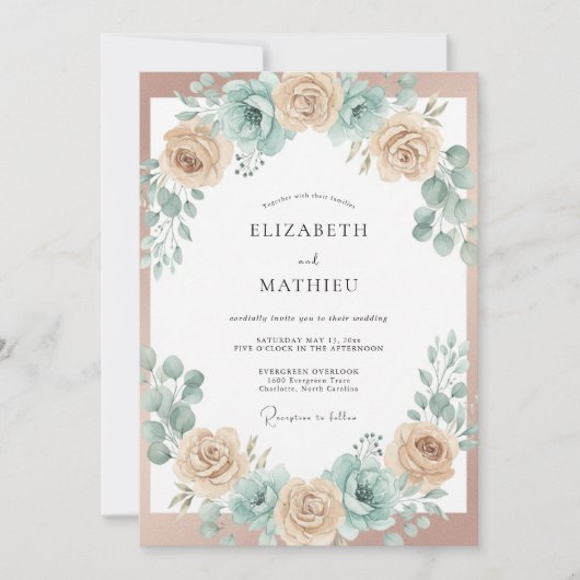 Peach Blue Floral Arch Wedding 招待状 (正面)