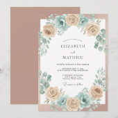 Peach Blue Floral Arch Wedding 招待状 (正面/裏面)