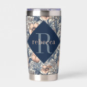 Peach Blue Floral William Morris Elegant Monogram 保温保冷タンブラー (正面)