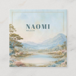 Peach Blue Landscape Gold Frame Watercolor Elegant スクエア名刺