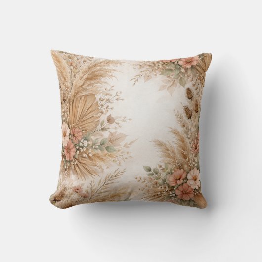 Peach Blush Boho Pampas Floral Frame クッション (正面)