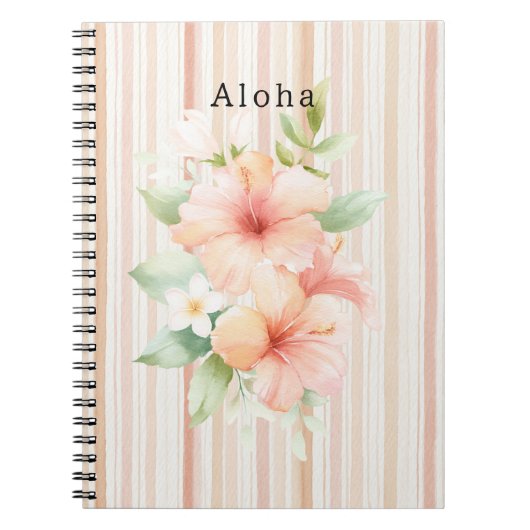 Peach Blush Cream Stripes Tropical Hibiscus Floral ノートブック (正面)