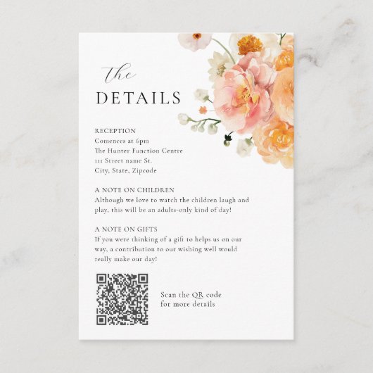 Peach & Blush Floral Wedding Details Card エンクロージャーカード (正面)