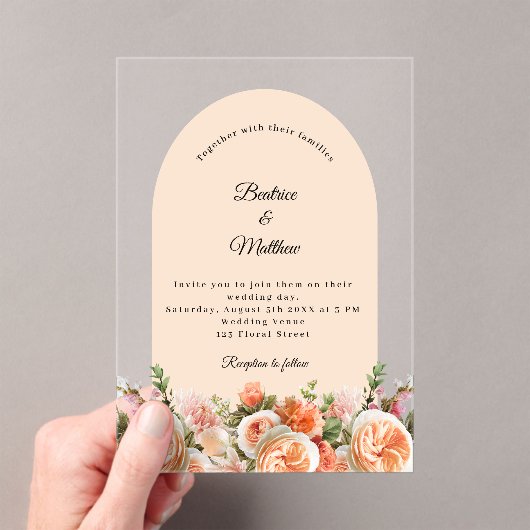 Peach blush florals arch clear wedding アクリル招待状 (インサイチュ (ポータブル))