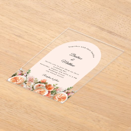 Peach blush ivory florals arch clear wedding アクリル招待状 (レイダウン)