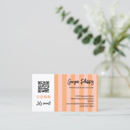 Peach Blush Stripes QR Code Photo Social Media 名刺 (スタンド正面)