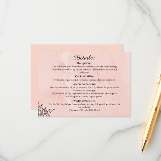  Peach Botanical Wedding Details Card エンクロージャーカード (正面/裏面インサイチュ)