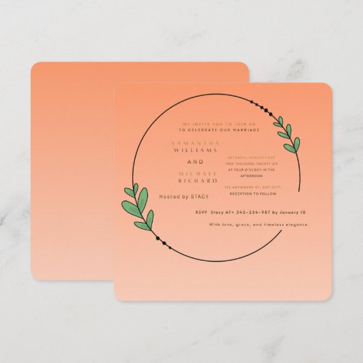 Peach Botanical Wedding Invitation | Minimalist Ci 招待状 (正面/裏面)