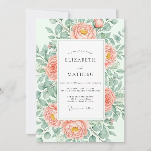 Peach Breathtaking Botanical Wedding 招待状 (正面)