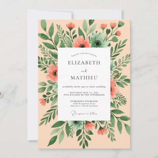 Peach Breezy Watercolor Wedding 招待状 (正面)