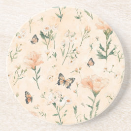 Peach Butterflies Floral コースター