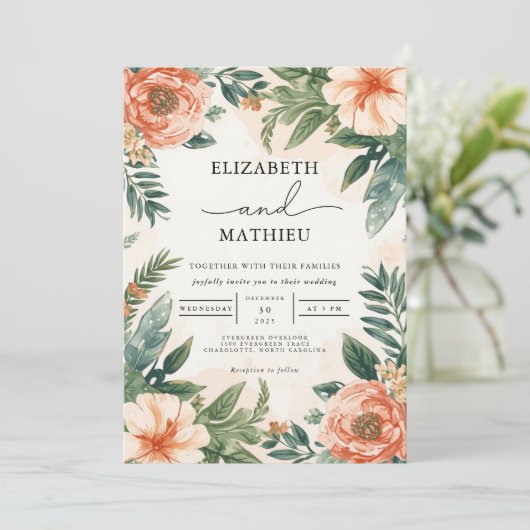 Peach Coral Botanical Flourish Wedding 招待状 (スタンド正面)