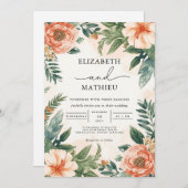 Peach Coral Botanical Flourish Wedding 招待状 (正面/裏面)