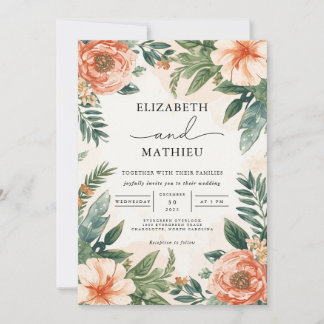 Peach Coral Botanical Flourish Wedding 招待状
