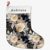Peach Cream Black Floral Christmas ラージクリスマスストッキング (正面)