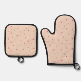 Peach Cream Japanese Pink Tulip Floral Pattern 鍋つかみ&鍋敷きセット