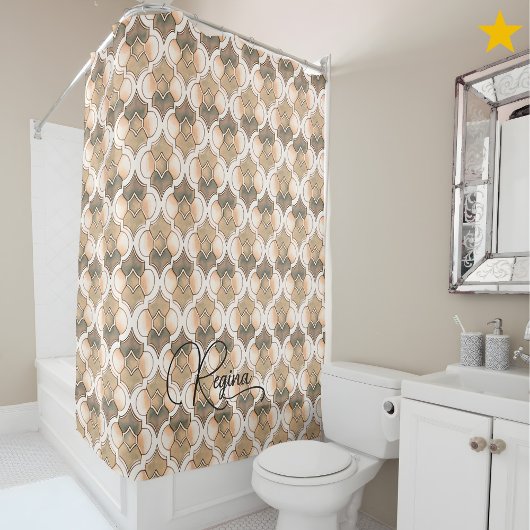 Peach Custom Name Watercolor Geometric Pattern  シャワーカーテン