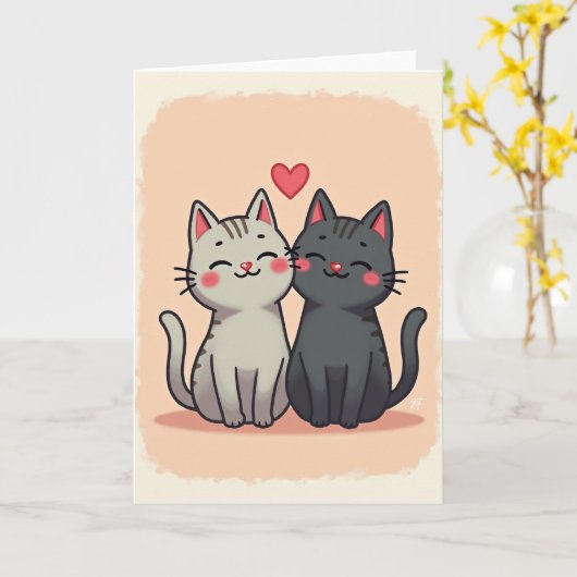 Peach Cute Cats Love Card カード (黄色い花)