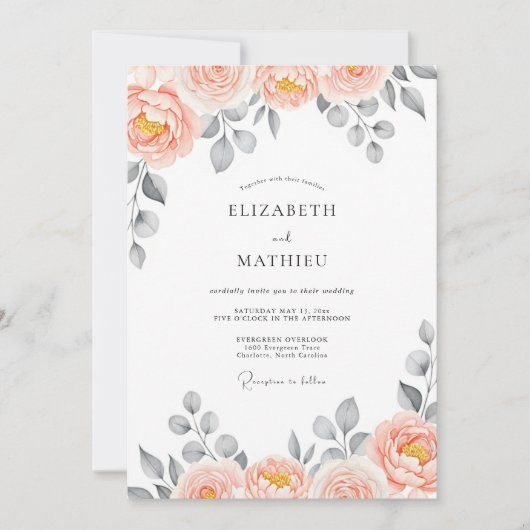 Peach Delightful Watercolor Wedding 招待状 (正面)