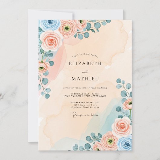 Peach Dreamy Watercolor Wedding 招待状 (正面)