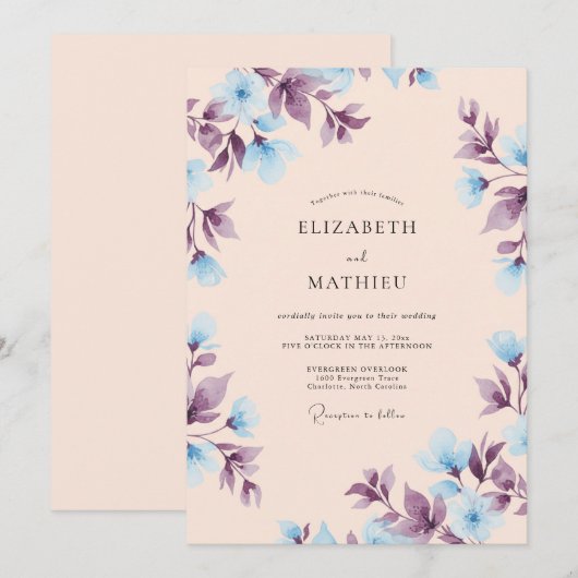 Peach Ethereal Blue Spring Wedding 招待状 (正面/裏面)