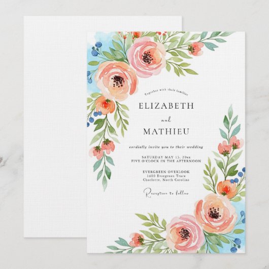Peach Ethereal Flora Wedding 招待状 (正面/裏面)