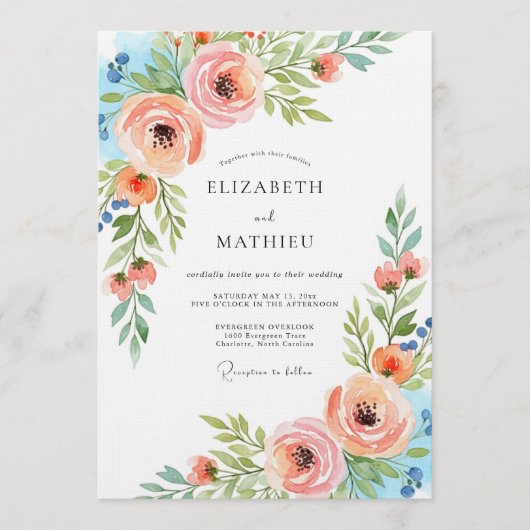 Peach Ethereal Flora Wedding 招待状 (正面)