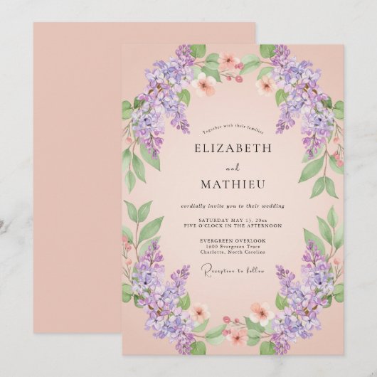 Peach Ethereal Lilac Spring Wedding 招待状 (正面/裏面)