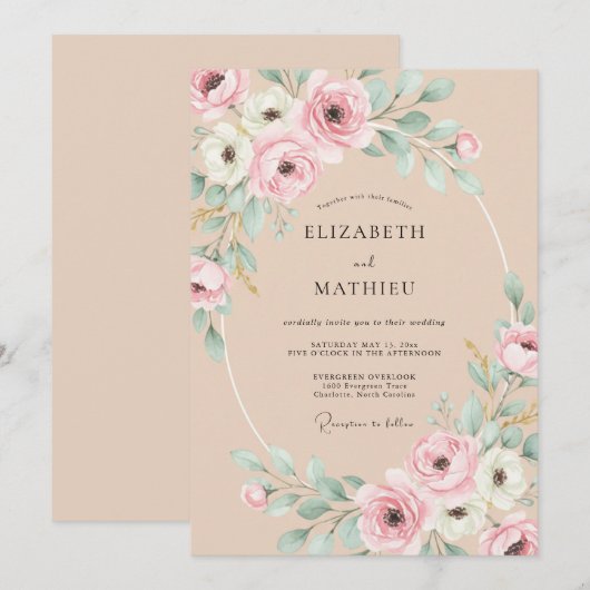 Peach Exquisite Botanical Wedding 招待状 (正面/裏面)