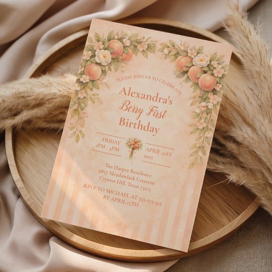 Peach Floral 1st Birthday 招待状