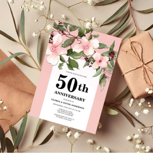 Peach Floral 50th Wedding Anniversary Invitation 招待状
