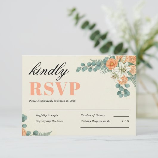 Peach Floral and Eucalyptus Greenery Wedding 出欠カード (スタンド正面)
