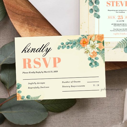 Peach Floral and Eucalyptus Greenery Wedding 出欠カード