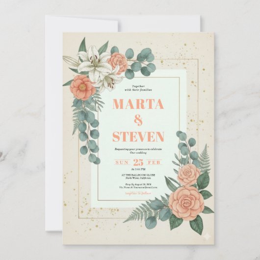 Peach Floral and Eucalyptus Greenery Wedding 招待状 (正面)