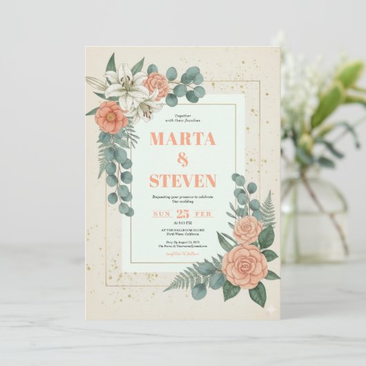 Peach Floral and Eucalyptus Greenery Wedding 招待状 (スタンド正面)