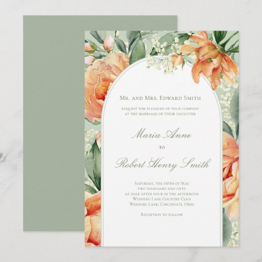 Peach Floral Arch Elegant Botanical Wedding 招待状 (正面/裏面)