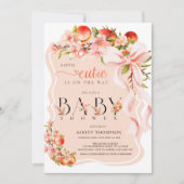 Peach Floral Bow Little Cutie Baby Shower  招待状 (正面)