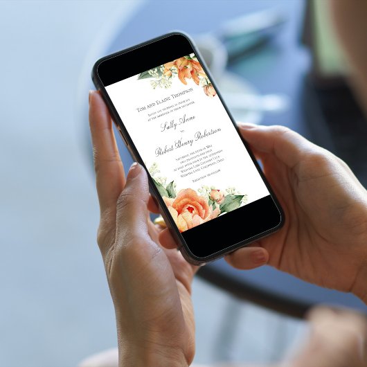 Peach Floral Corner Greenery Elegant Script 招待状