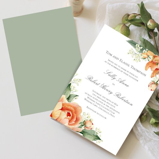 Peach Floral Corner Greenery Elegant Script 招待状
