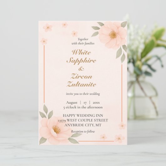 Peach Floral Elegant Wedding Invitation 招待状 (スタンド正面)
