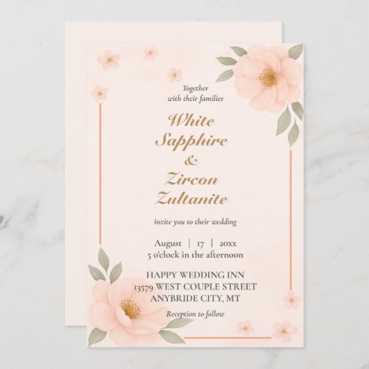 Peach Floral Elegant Wedding Invitation 招待状 (正面/裏面)