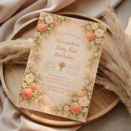 Peach Floral Garden First Birthday 1st Birthday 招待状