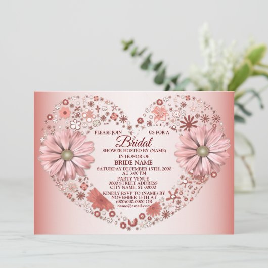 Peach Floral Heart Modern Bridal Shower Party 招待状 (スタンド正面)