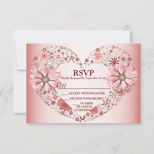 Peach Floral Heart Modern Party 出欠カード (正面)