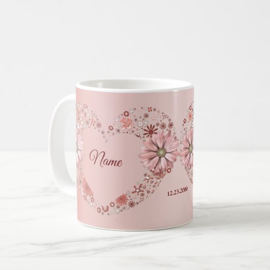 Peach Floral Heart Modern wedding Gift コーヒーマグカップ (正面左)