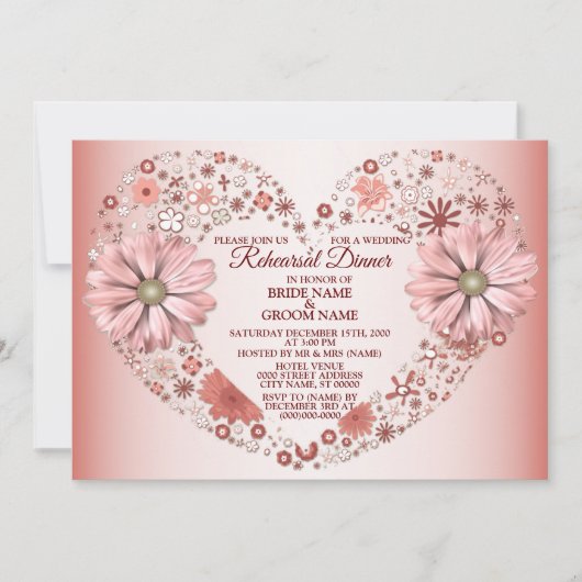 Peach Floral Heart Modern Wedding Rehearsal Dinner 招待状 (正面)